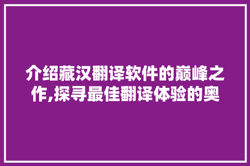 介绍藏汉翻译软件的巅峰之作,探寻最佳翻译体验的奥秘